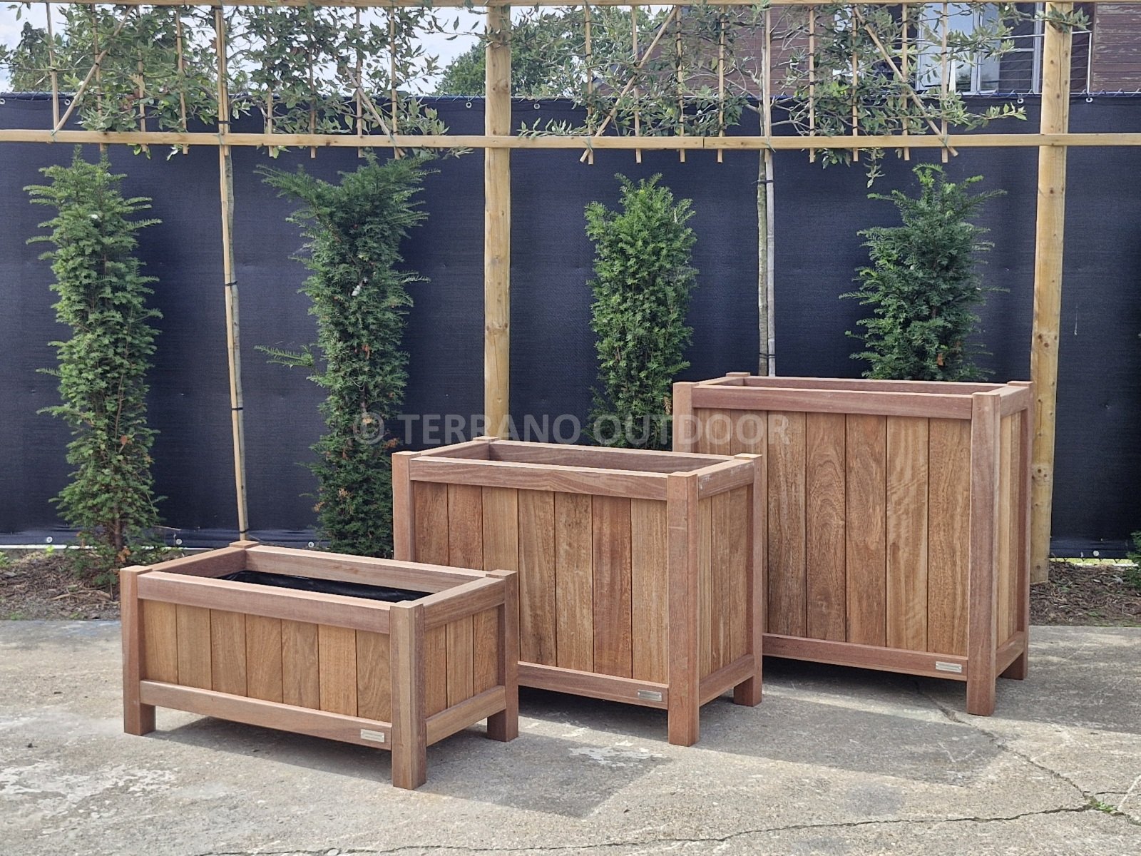Drie Azobé plantenbakken op een rij in de tuin
